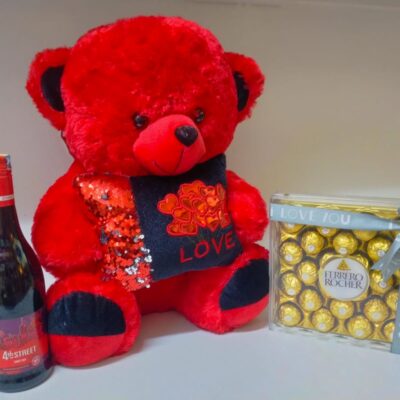 VALENTINE TEDDY BEAR,CHOCOLATE AND WINE