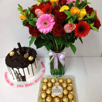 birthday flowers cake and chocolates