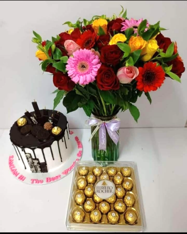 birthday flowers cake and chocolates