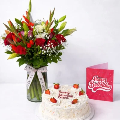 birthday flowers and cake